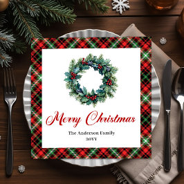 Rustic Red Green Plaid Christmas Wreath Napkins