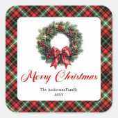 Rustic Red Green Plaid Christmas Wreath Sticker  スクエアシール (正面)