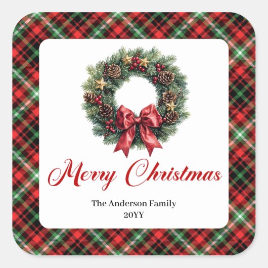Rustic Red Green Plaid Christmas Wreath Sticker  スクエアシール (正面)