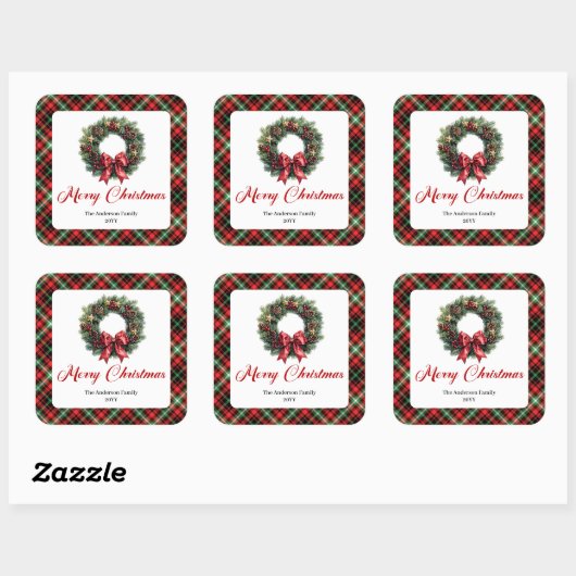 Rustic Red Green Plaid Christmas Wreath Sticker  スクエアシール (シート)