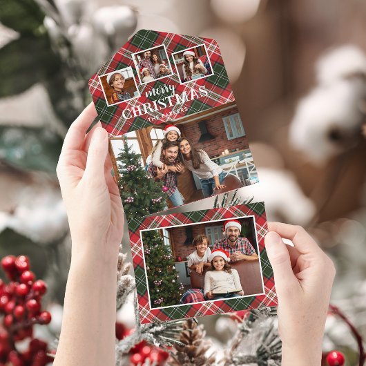 Rustic Red/Green Plaid Merry Christmas 4-Photo オールインワン招待状