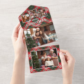 Rustic Red/Green Plaid Merry Christmas 4-Photo オールインワン招待状 (貼ってはがせる)