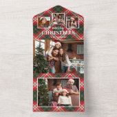 Rustic Red/Green Plaid Merry Christmas 4-Photo オールインワン招待状 (内側)