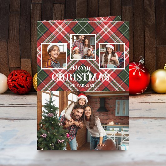 Rustic Red/Green Plaid Merry Christmas 4-Photo シーズンカード