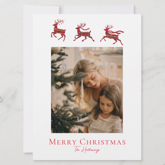 Rustic Red Green Plaid Reindeer Holiday Card シーズンカード (正面)
