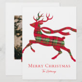 Rustic Red Green Plaid Reindeer Holiday Photo Card シーズンカード (正面/裏面)