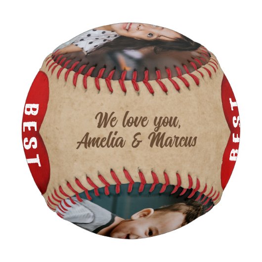 Rustic Red Heart Best Dad Ever 2 Photo Collage 野球ボール (裏面)