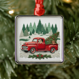 Rustic Red Pickup Truck Christmas Tree メタルオーナメント