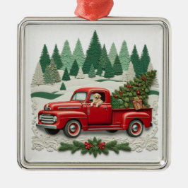 Rustic Red Pickup Truck Christmas Tree  メタルオーナメント