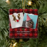 Rustic red plaid flannel mistletoe snow 2 photos セラミックオーナメント<br><div class="desc">Rustic Christmas country 2 pets photos with traditional red and black plaid flannel pattern and snow with a mistletoe. all the colors are editable</div>