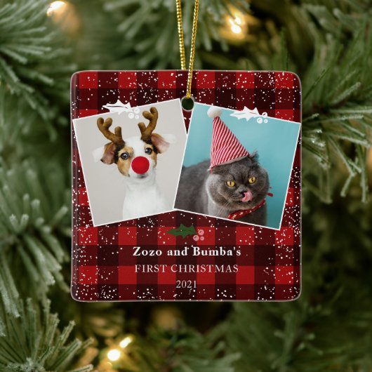 Rustic red plaid flannel mistletoe snow 2 photos セラミックオーナメント (ツリー)