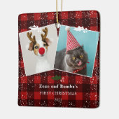Rustic red plaid flannel mistletoe snow 2 photos セラミックオーナメント (左)