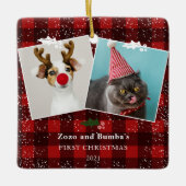 Rustic red plaid flannel mistletoe snow 2 photos セラミックオーナメント (正面)