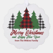 Rustic Red Plaid Merry Christmas Happy New Year オーナメントカード (正面)