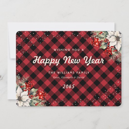 Rustic Red Plaid Snow Botanical New Year Card シーズンカード (正面)