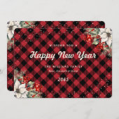 Rustic Red Plaid Snow Botanical New Year Card シーズンカード (正面/裏面)