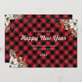 Rustic Red Plaid Snowflake Botanical New Year Card シーズンカード (正面/裏面)