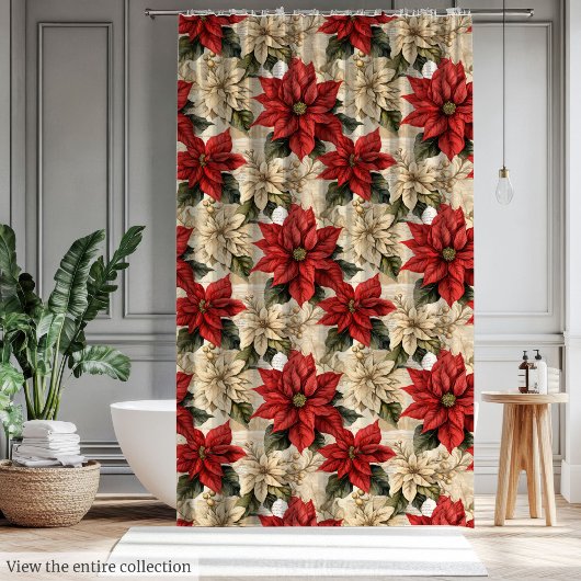 Rustic Red Poinsettia Curtain Classic Xmas Flowers シャワーカーテン