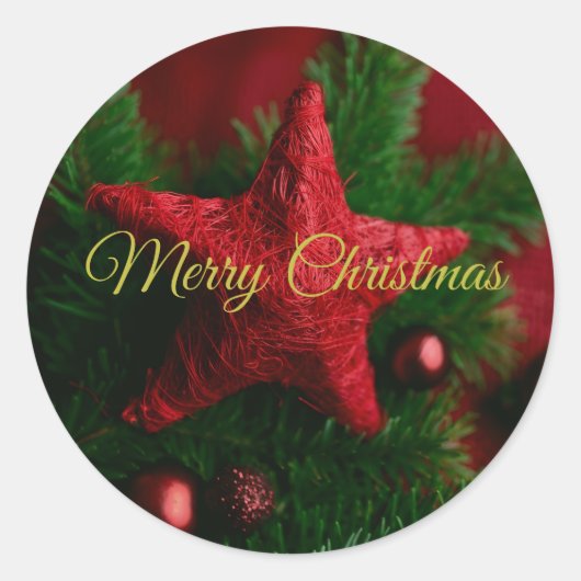 Rustic Red Star On Pin Branch Christmas Sticker ラウンドシール (正面)