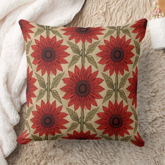 Rustic Red Sunflower Throw Pillow クッション (ブランケット)