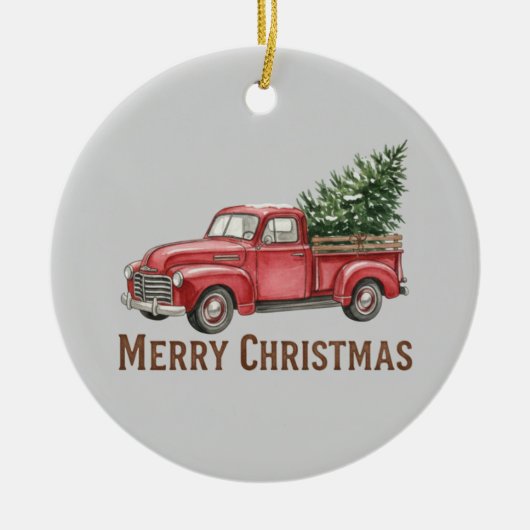 Rustic Red Truck Christmas Farmhouse Pine Tree セラミックオーナメント (正面)