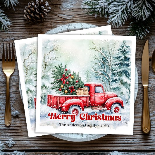 Rustic red truck Christmas scene festive napkins