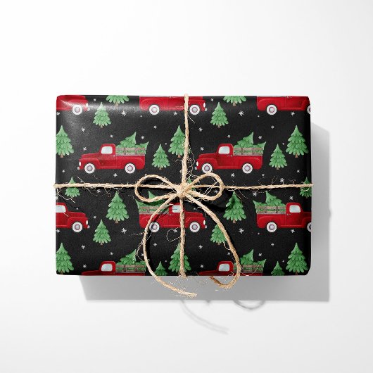 Rustic Red Truck Christmas Wrapping Paper on Black ラッピングペーパー