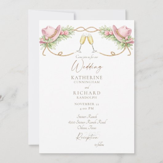 Rustic Redneck Pink Cowboy Hat Wedding 招待状 (正面)