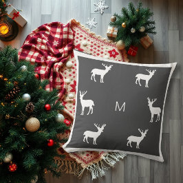 Rustic reindeer dark gray family monogram holiday クッション