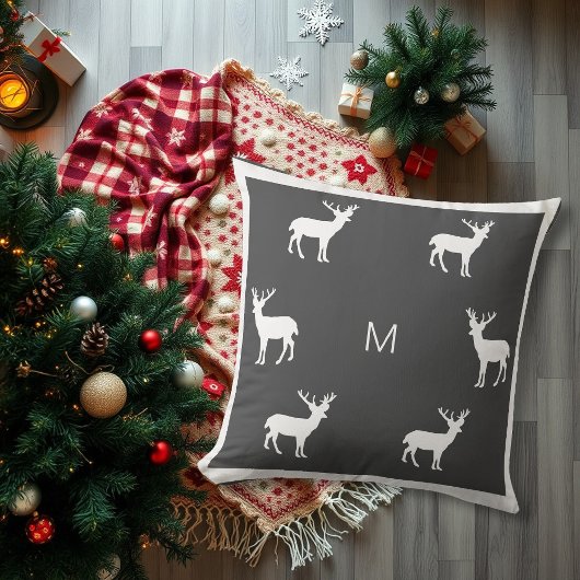 Rustic reindeer dark gray family monogram holiday クッション