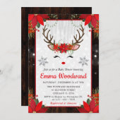 Rustic Reindeer & Poinsettia Christmas Baby Shower 招待状 (正面/裏面)