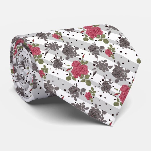 Rustic retro gray white striped flowers red roses  ネクタイ (ロール)