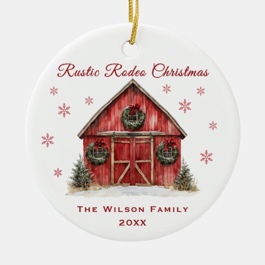 Rustic Rodeo Red Barn Christmas セラミックオーナメント (正面)