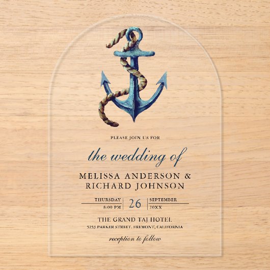 Rustic Rope Navy Blue Anchor Nautical Wedding  アクリル招待状 (正面)