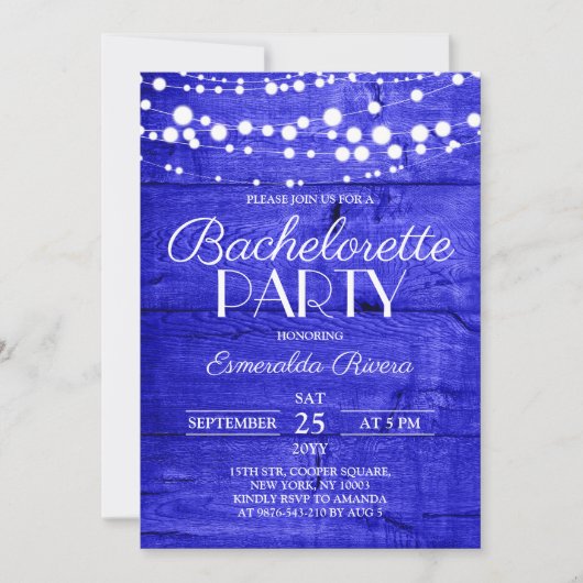 Rustic Royal Blue Wood Bachelorette Party 招待状 (正面)