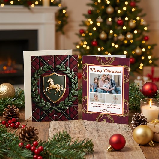 Rustic Royal Christmas Plaid 3 Photo Holiday Card シーズンカード