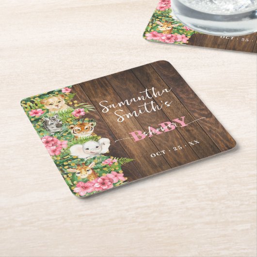 Rustic Safari Animals Pink Baby Shower Party Decor スクエアペーパーコースター (アングル)