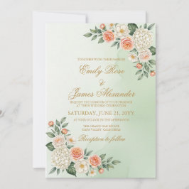 Rustic Sage and Peach Watercolor Botanical Wedding 招待状