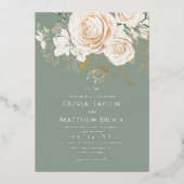 Rustic Sage Gold Floral Wedding 箔招待状 (正面)