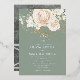 Rustic Sage Gold Floral Wedding 箔招待状