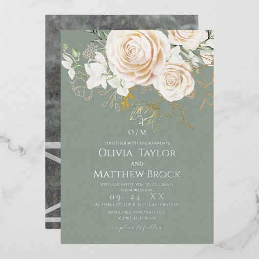 Rustic Sage Gold Floral Wedding 箔招待状 (正面/裏面)