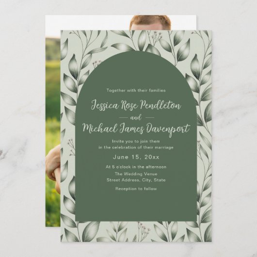 Rustic Sage Green Botanical Arch Photo Wedding 招待状 (正面/裏面)
