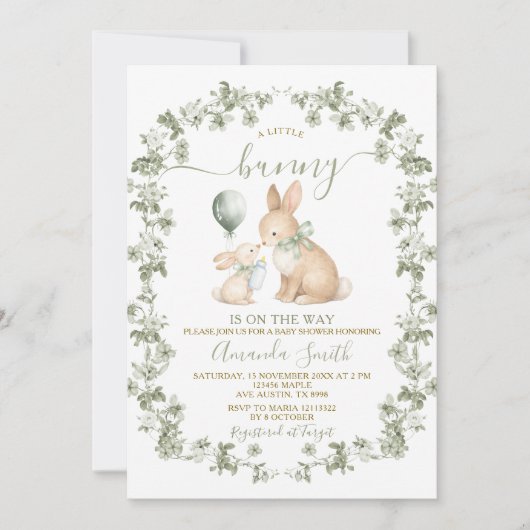 Rustic Sage Green Bunny Baby Shower Invitation 招待状 (正面)
