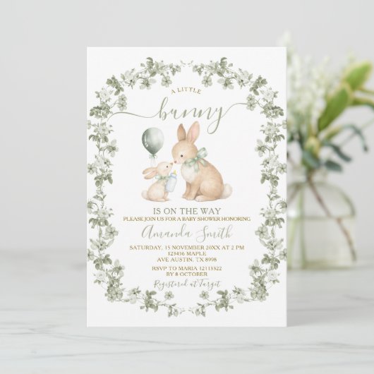 Rustic Sage Green Bunny Baby Shower Invitation 招待状 (スタンド正面)