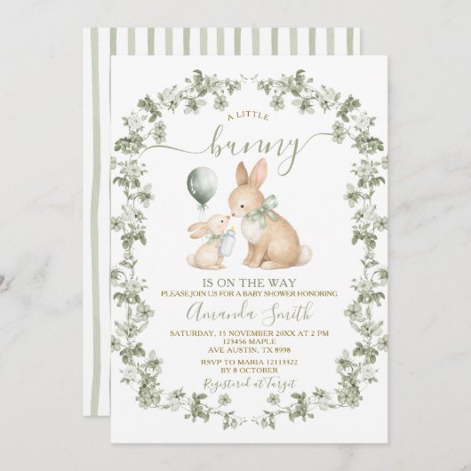 Rustic Sage Green Bunny Baby Shower Invitation 招待状 (正面/裏面)