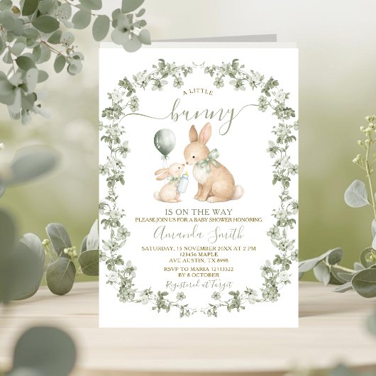 Rustic Sage Green Bunny Baby Shower Invitation 招待状