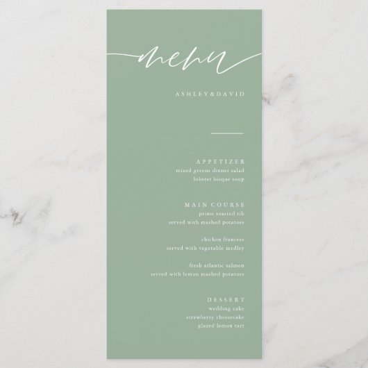 Rustic Sage Green Calligraphy Wedding Menu Cards メニュー (正面)