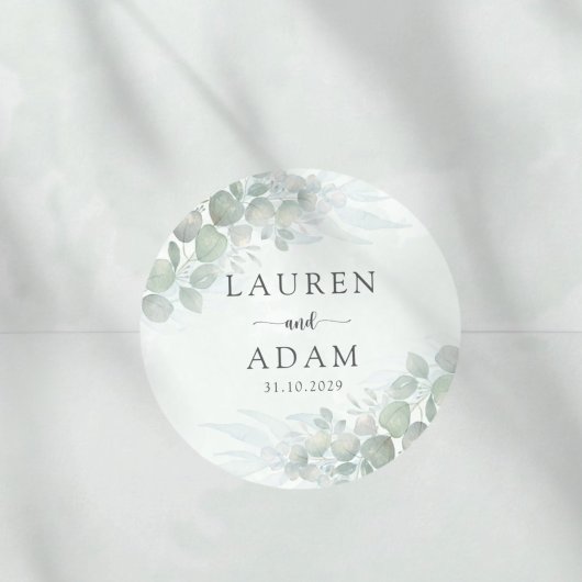 Rustic Sage Green Eucalyptus Watercolor Wedding ラウンドシール