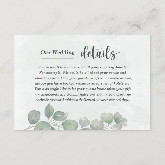 Rustic Sage Green Eucalyptus Wedding Details エンクロージャーカード (正面)