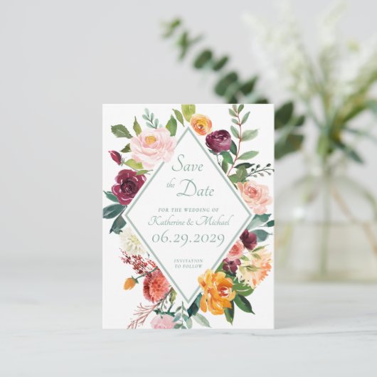 Rustic Sage Green Fall Flowers Save The Date ポストカード (スタンド正面)